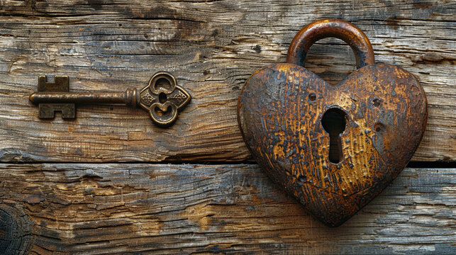 Antique Heart Shaped Lock and Key on Weathered Wooden Texture Representing Security and Romance