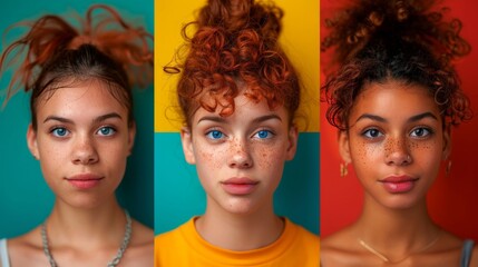 Fototapeta premium a woman with freckles and blue eyes and a yellow shirt