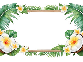 Frame with palm leaves frangipani flower and coconut
