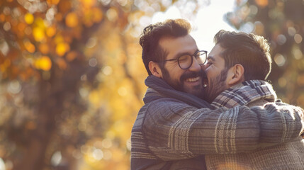 Gay couple hugging in the park Stock Photo photography