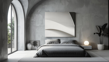 bedroom setup with frame on the wall generated by AI