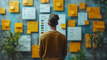 a man standing in front of a wall with yellow and blue notes