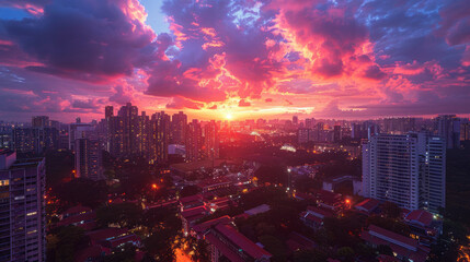 Stunning sunset view over Singapore skyline and city lights