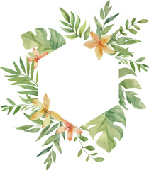 Vector Watercolor polygon Jungle frame with flowers and leaves. Template space for text. Greeting cards, invitation, gender party, baby shower, birthday, event, holiday, wedding card, printable, png.