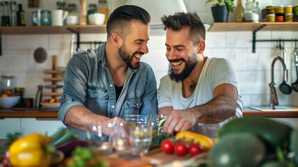 Gay couple working at kitchen and cleaning table Stock Photo photography
