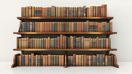 A neatly organized wooden bookshelf filled with rows of vintage, leather-bound books. 