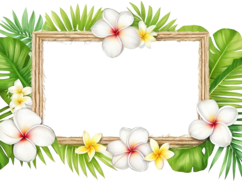 Frame with palm leaves frangipani flower. illustation Isolate background