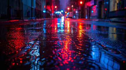 Wet Urban Street at Night Reflecting Blue and Red Lights with Cityscape