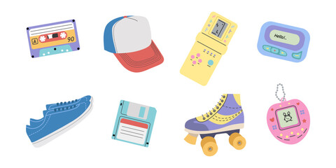 Classic y2k, 90s and 2000s aesthetic. Flat style set of vintage elements.  Hand drawn vector illustration. Patch, sticker, badge, emblem.