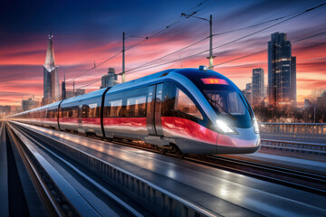 Modern high speed train on the railway station at sunset. Railway transportation concept.