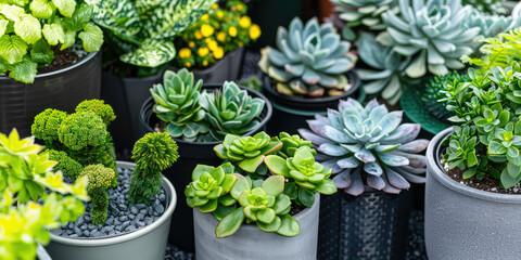 Assortment of potted plants of different sizes and shapes. Different types of home plants background.