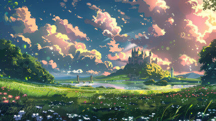 Enchanting castle under a luminous sky in a vibrant meadow