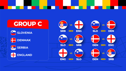 Group C Football cup 2024 matches. national team Schedule match in the final stage at the 2024 Football Championship. Vector illustration of world soccer matches.