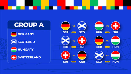Group A Football cup 2024 matches. national team Schedule match in the final stage at the 2024 Football Championship. Vector illustration of world soccer matches.