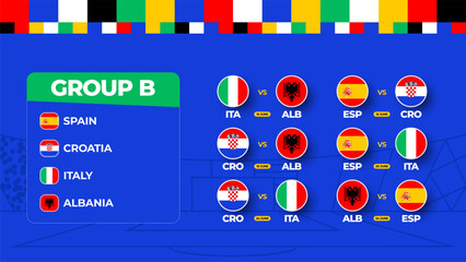 Group B Football cup 2024 matches. national team Schedule match in the final stage at the 2024 Football Championship. Vector illustration of world soccer matches.