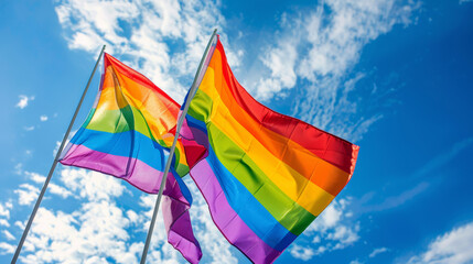 Gay pride, LGBTQ rainbow flags being waved in the air at a pride event Stock Photo photography