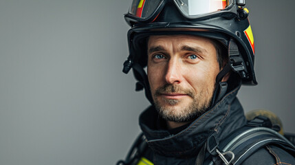 Close Up of Serious Male Firefighter with Helmet and Gear Against Gray Background