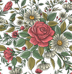 Seamless pattern with roses and daisies. Hand drawn flowers print
