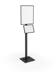 Trade show kiosk floor stand banner with blank digital screen touch tablet template, 3d illustration.
