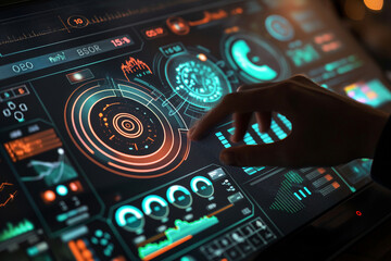 Obraz premium Close-up view of a modern, futuristic interface displaying high-tech data analysis tools with dynamic, illuminated elements. battery providing increased battery life and minimizing unnecessary energy