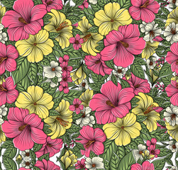 Colorful Hibiscus Flowers Seamless Pattern, Floral Background.