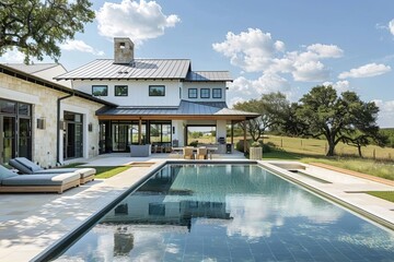 expansive modern texas home with pool and patio overlooking lush countryside landscape