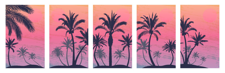 Summer vertical background, silhouette of palm trees on beach, set. Tropical dusk landscape. Vector illustration
