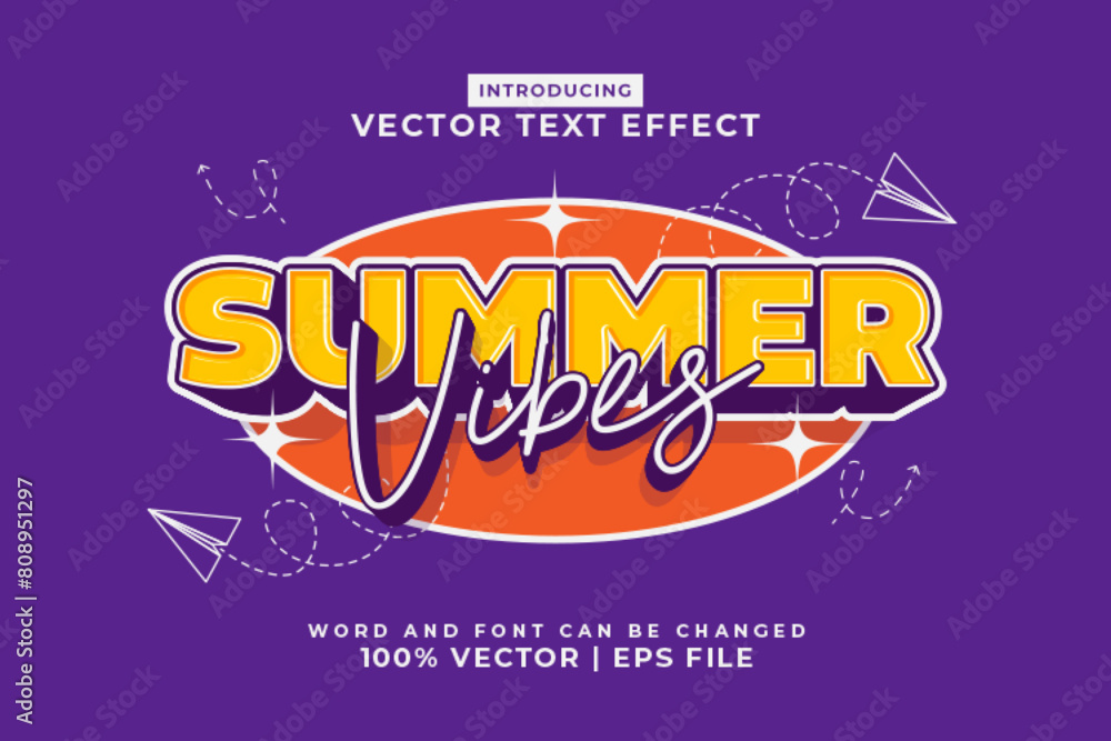 Poster editable text effect summer vibes 3d cartoon template style premium vector