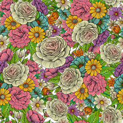 Roses and Colorful Flowers Seamless Pattern. Hand Drawn Floral Background