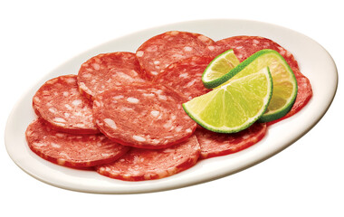 prato com porção de salame fatiado acompanhado de limão isolado em fundo transparente