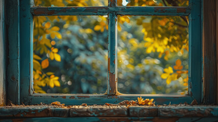 Autumn Leaves on Windowsill Old Blue Wooden Frame Bright Natural Light