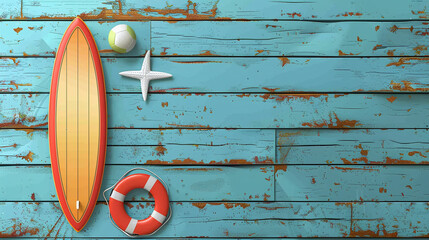 Surfboard Volleyball Starfish Lifebuoy on Weathered Teal Wooden Background Summer Theme