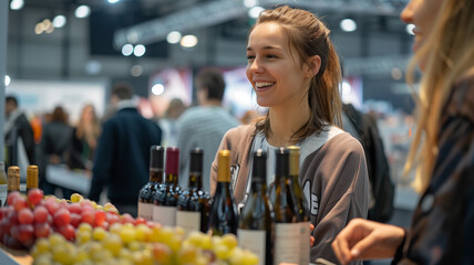 Elegant Saleswoman at Food and Wine Expo: Networking and Presentation of Gourmet, Organic Products at Business Trade Fair