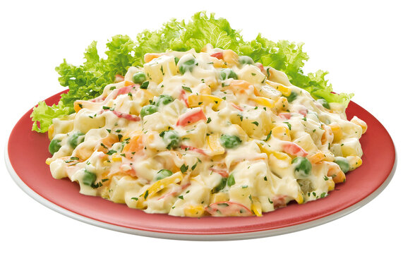 prato com salada de maionese com legumes acompanhado de folhas de alface isolado em fundo transparente - salada russa de maionese caseira