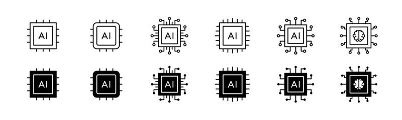 Fototapeta premium AI chip icon set. Line and glyph AI processor chip. Artificial intelligence microchip icon set