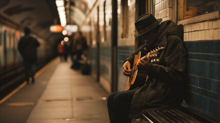 A man playing the guitar on the subway