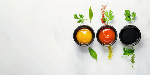 Assortment of sauces in small bowls. Different types of sauce.
