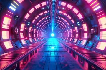futuristic glowing neon tunnel with reflections 3d scifi illustration
