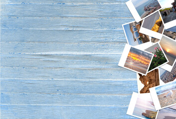 Collage of printed travel images on a wooden blue background. Multiple photographs of vacation...