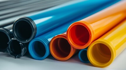 Fototapeta premium Colorful plastic pipes on a white background. Close-up