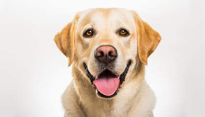 Naklejka na ściany i meble Portrait of a blond labrador retriever dog looking at the camera with a big smile isolated on a white background