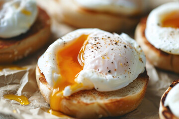 Poached eggs on toasted English muffin close up