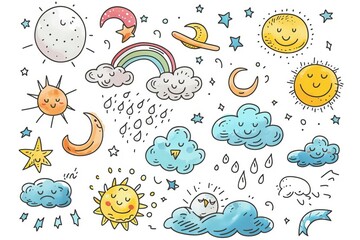 hand drawn doodle set of various weather conditions cute cartoon illustrations of meteorological phenomena