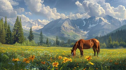 A chestnut horse grazes in a meadow adorned with yellow flowers, set against a backdrop of majestic mountains.