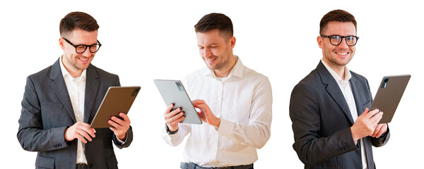 Male manager uses tablet computer office, cut isolated