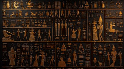 Ancient Egyptian hieroglyphs and symbols on a black wall.