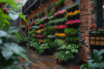 Vertical garden in a narrow city alley, featuring lush foliage and flowering plants.. AI generated.