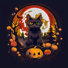 halloween illustration with black cat, moon and pumpkins