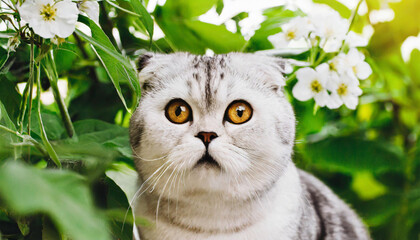 Portrait of a pretty silver tabby british shorthair cat looking at the camera isolated on a white background