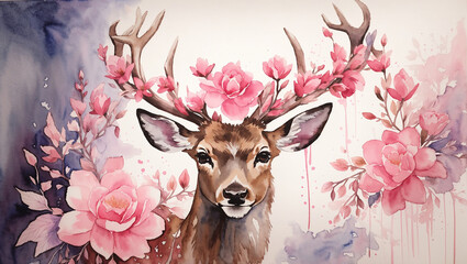A watercolor painting of a deer with pink flowers in its antlers.

